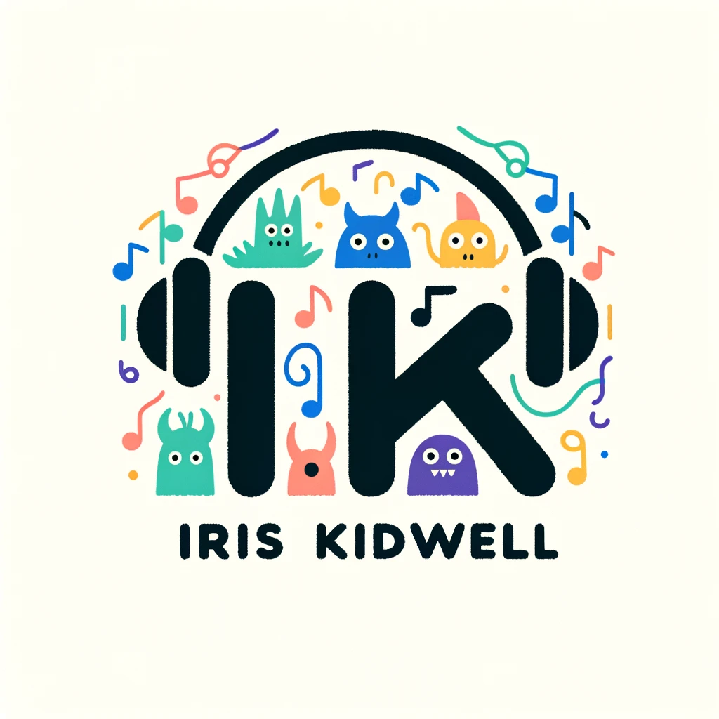 Illustration of a minimalist logo where the letters 'IK' are adorned with headphones, symbolizing Iris's love for music. Animated musical notes emanate from the headphones, and colorful monster silhouettes are subtly integrated. 'Iris Kidwell' is written in a fun, hand-drawn style beneath.