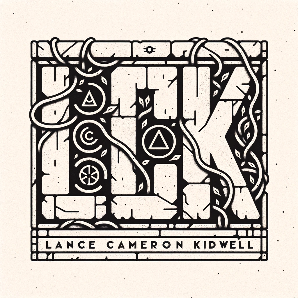 Illustration of a minimalist logo where the letters 'LCK' are crafted from old, worn stone, intertwined with vines and alchemical glyphs. The name 'Lance Cameron Kidwell' is etched below, resembling ancient engravings on a temple wall.