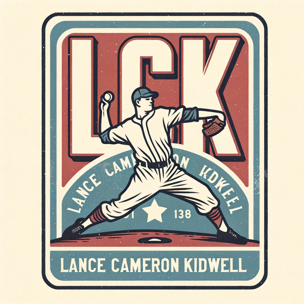 Illustration of a logo design that depicts 'LCK' on a baseball card showcasing a classic pitcher in mid-throw. The edges of the card are slightly worn, and the colors have a faded, antique look. 'Lance Cameron Kidwell' is inscribed in a traditional baseball card font at the base.